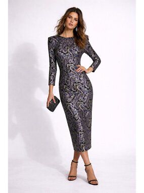 Elegant Purple Paisley Maxi Dress with Long Sleeves